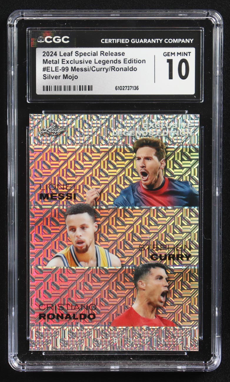 Stephen Curry / Lionel Messi / Cristiano Ronaldo 2024 Leaf Special Release Metal Exclusive Legends Edition Silver Mojo Triple #ELE-99 #3/25 (CGC 10) at PristineAuction.com Stephen Curry / Lionel Messi / Cristiano Ronaldo 2024 Leaf Special Release Metal Exclusive Legends Edition Silver Mojo Triple #ELE-99 #3/25 (CGC 10) at PristineAuction.com