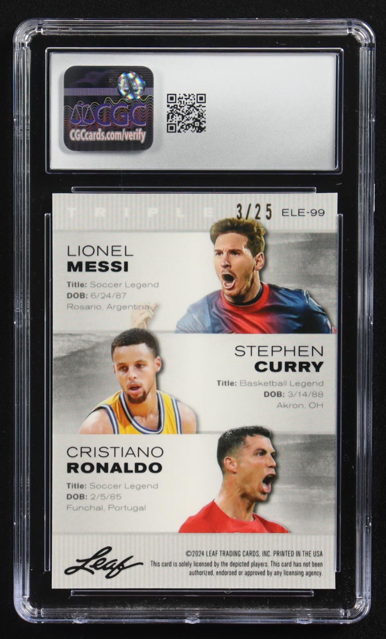 Stephen Curry / Lionel Messi / Cristiano Ronaldo 2024 Leaf Special Release Metal Exclusive Legends Edition Silver Mojo Triple #ELE-99 #3/25 (CGC 10) at PristineAuction.com Stephen Curry / Lionel Messi / Cristiano Ronaldo 2024 Leaf Special Release Metal Exclusive Legends Edition Silver Mojo Triple #ELE-99 #3/25 (CGC 10) at PristineAuction.com