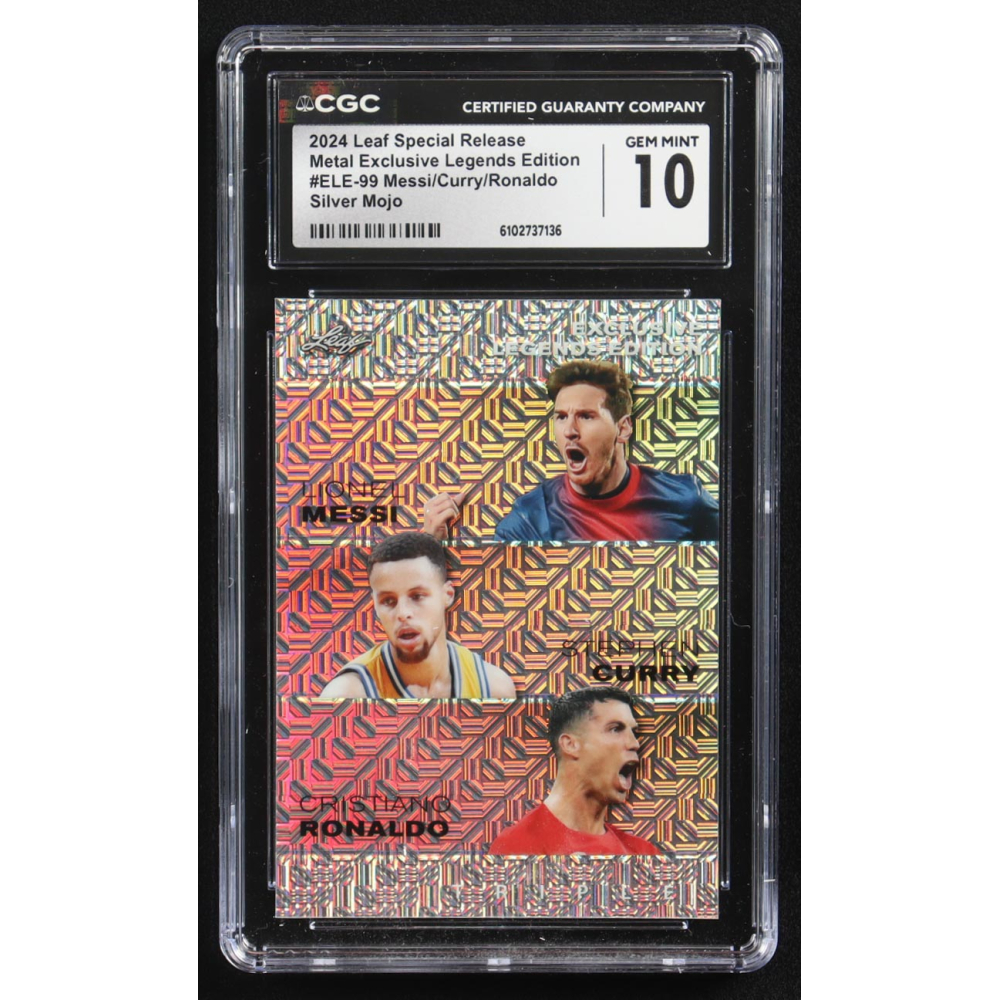 Stephen Curry / Lionel Messi / Cristiano Ronaldo 2024 Leaf Special Release Metal Exclusive Legends Edition Silver Mojo Triple #ELE-99 #3/25 (CGC 10) at PristineAuction.com
