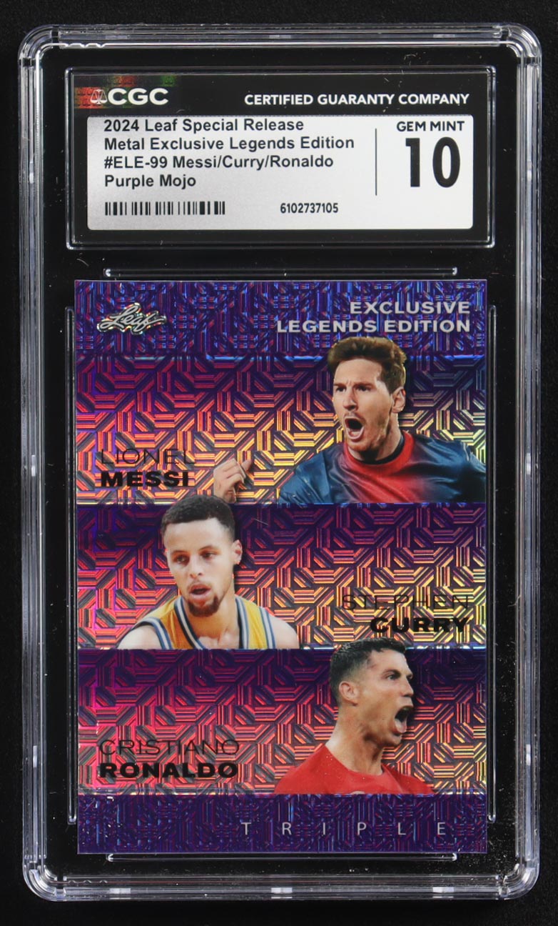 Stephen Curry / Lionel Messi / Cristiano Ronaldo 2024 Leaf Special Release Metal Exclusive Legends Edition Purple Mojo Triple #ELE-99 #10/15 (CGC 10) at PristineAuction.com Stephen Curry / Lionel Messi / Cristiano Ronaldo 2024 Leaf Special Release Metal Exclusive Legends Edition Purple Mojo Triple #ELE-99 #10/15 (CGC 10) at PristineAuction.com