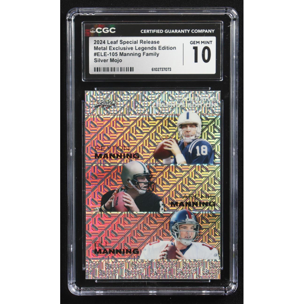 Archie Manning / Peyton Manning / Eli Manning 2024 Leaf Metal Special Release Exclusive Legends Ed. Manning Family Silver Mojo Triple #ELE-105 #15/25 (CGC 10) at PristineAuction.com