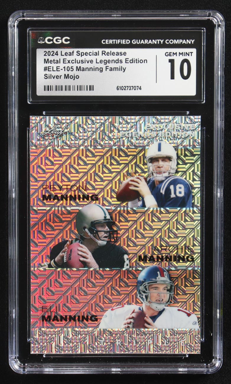 Archie Manning / Peyton Manning / Eli Manning 2024 Leaf Metal Special Release Exclusive Legends Ed. Manning Family Silver Mojo Triple #ELE-105 #12/25 (CGC 10) at PristineAuction.com Archie Manning / Peyton Manning / Eli Manning 2024 Leaf Metal Special Release Exclusive Legends Ed. Manning Family Silver Mojo Triple #ELE-105 #12/25 (CGC 10) at PristineAuction.com