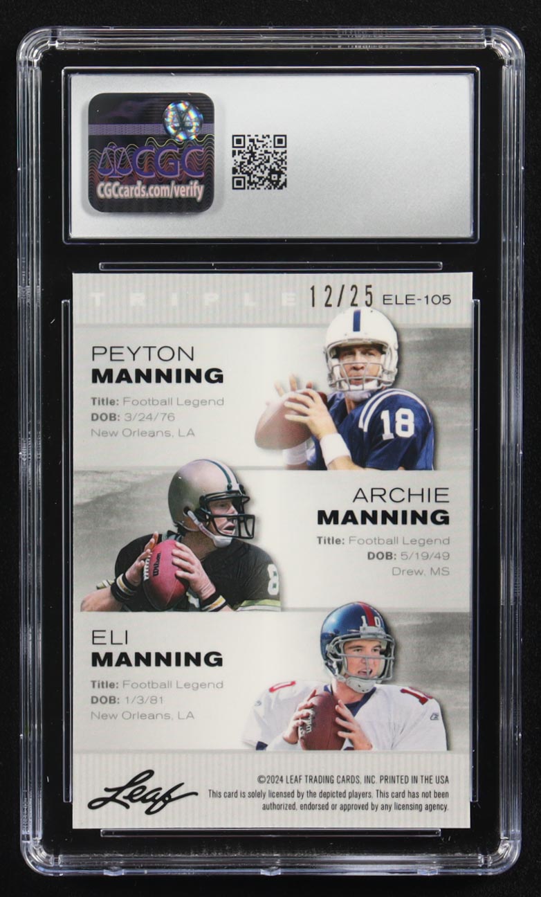 Archie Manning / Peyton Manning / Eli Manning 2024 Leaf Metal Special Release Exclusive Legends Ed. Manning Family Silver Mojo Triple #ELE-105 #12/25 (CGC 10) at PristineAuction.com Archie Manning / Peyton Manning / Eli Manning 2024 Leaf Metal Special Release Exclusive Legends Ed. Manning Family Silver Mojo Triple #ELE-105 #12/25 (CGC 10) at PristineAuction.com
