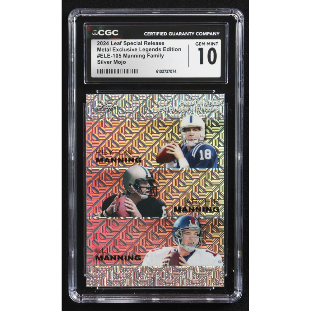 Archie Manning / Peyton Manning / Eli Manning 2024 Leaf Metal Special Release Exclusive Legends Ed. Manning Family Silver Mojo Triple #ELE-105 #12/25 (CGC 10) at PristineAuction.com