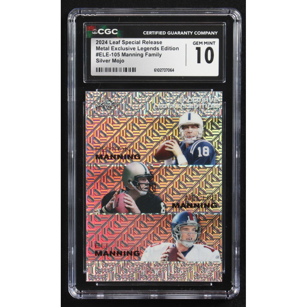 Archie Manning / Peyton Manning / Eli Manning 2024 Leaf Metal Special Release Exclusive Legends Ed. Manning Family Silver Mojo Triple #ELE-105 #25/25 (CGC 10) at PristineAuction.com