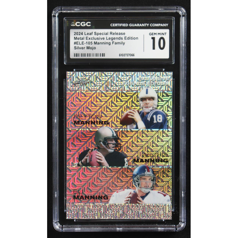 Archie Manning / Peyton Manning / Eli Manning 2024 Leaf Metal Special Release Exclusive Legends Ed. Manning Family Silver Mojo Triple #ELE-105 #23/25 (CGC 10) at PristineAuction.com