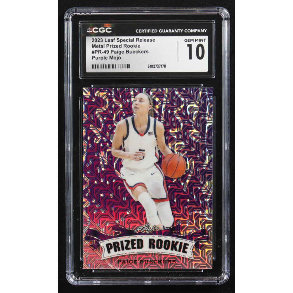 Paige Bueckers 2023 Leaf Special Release Metal Prized Rookie Purple Mojo #PR-49 RC #4/15 (CGC 10) at PristineAuction.com