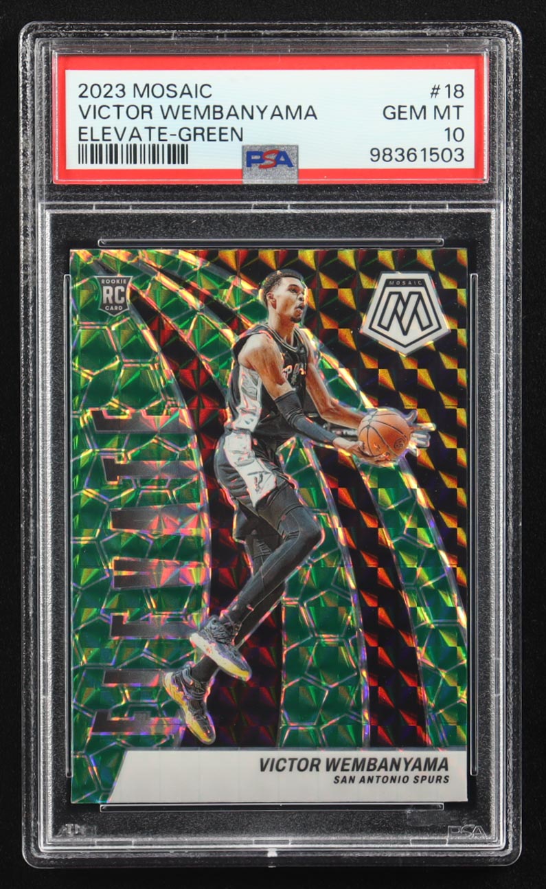 Victor Wembanyama 2023-24 Panini Mosaic Elevate Mosaic Green #18 RC (PSA 10) at PristineAuction.com Victor Wembanyama 2023-24 Panini Mosaic Elevate Mosaic Green #18 RC (PSA 10) at PristineAuction.com