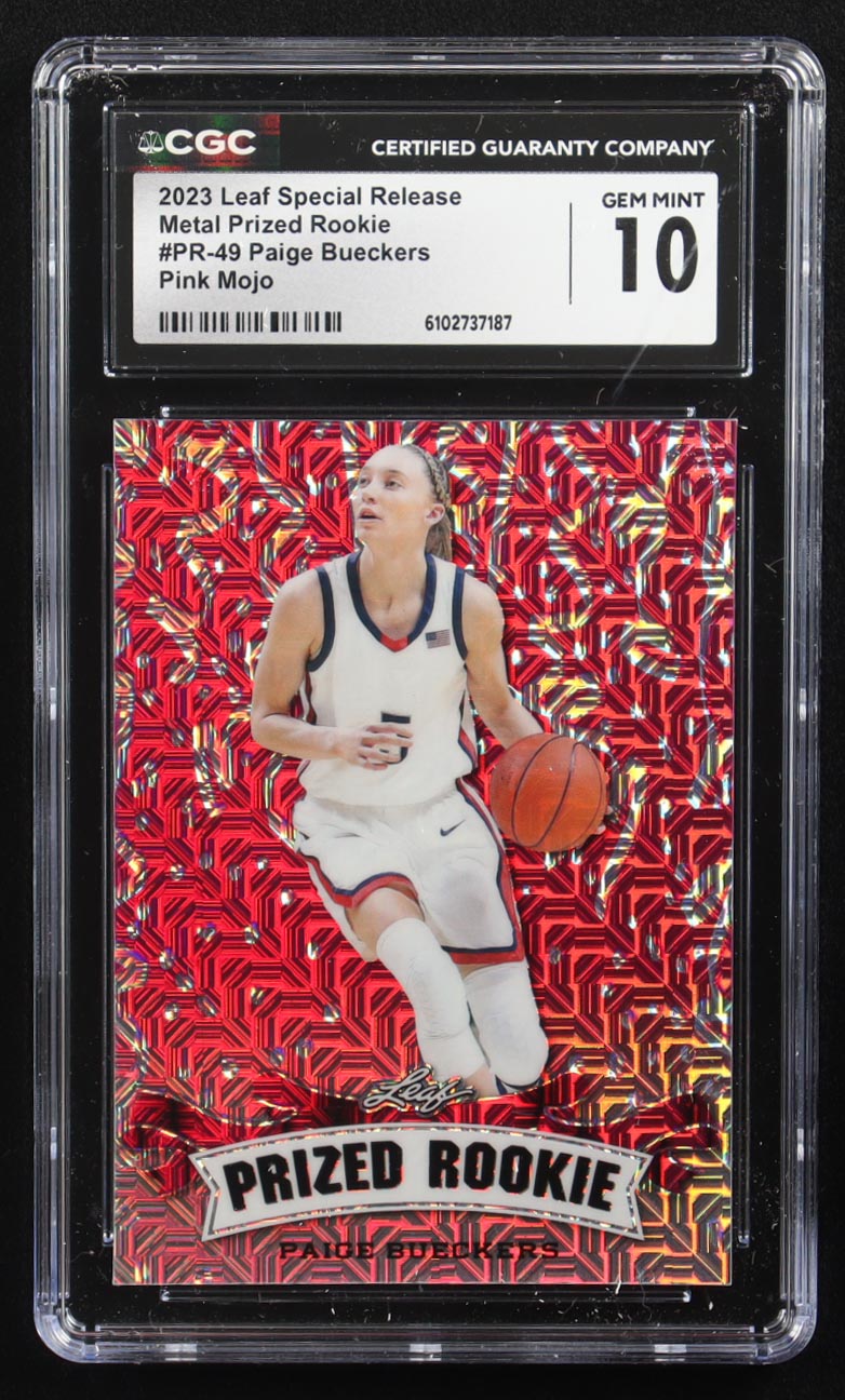 Paige Bueckers 2023 Leaf Special Release Metal Prized Rookie Pink Mojo #PR-49 RC #4/10 (CGC 10) at PristineAuction.com Paige Bueckers 2023 Leaf Special Release Metal Prized Rookie Pink Mojo #PR-49 RC #4/10 (CGC 10) at PristineAuction.com
