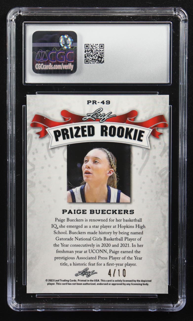 Paige Bueckers 2023 Leaf Special Release Metal Prized Rookie Pink Mojo #PR-49 RC #4/10 (CGC 10) at PristineAuction.com Paige Bueckers 2023 Leaf Special Release Metal Prized Rookie Pink Mojo #PR-49 RC #4/10 (CGC 10) at PristineAuction.com