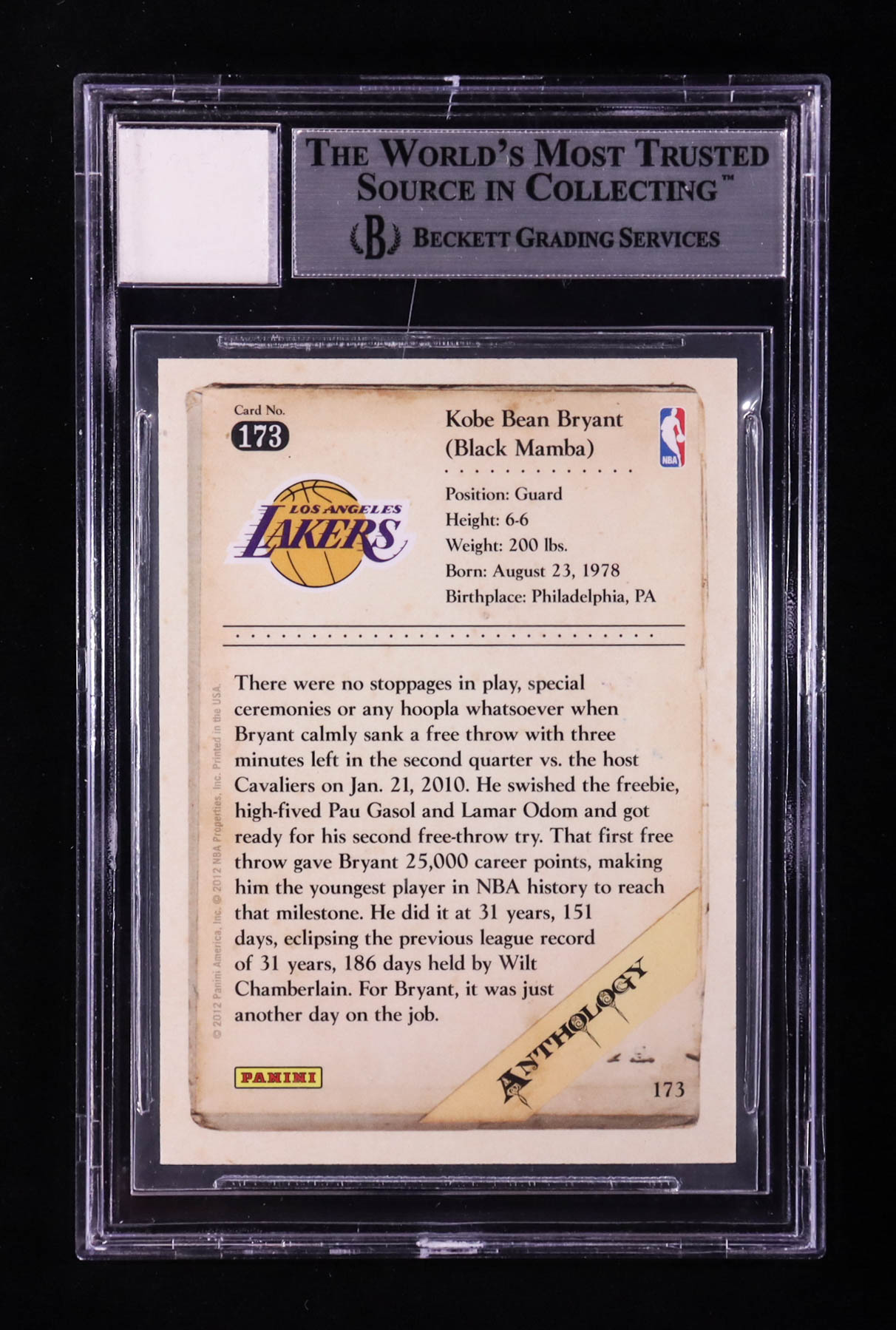 Kobe Bryant 2012-13 Panini Kobe Anthology #173 with Game-Used Jersey Piece (BGS Authentic) at PristineAuction.com Kobe Bryant 2012-13 Panini Kobe Anthology #173 with Game-Used Jersey Piece (BGS Authentic) at PristineAuction.com