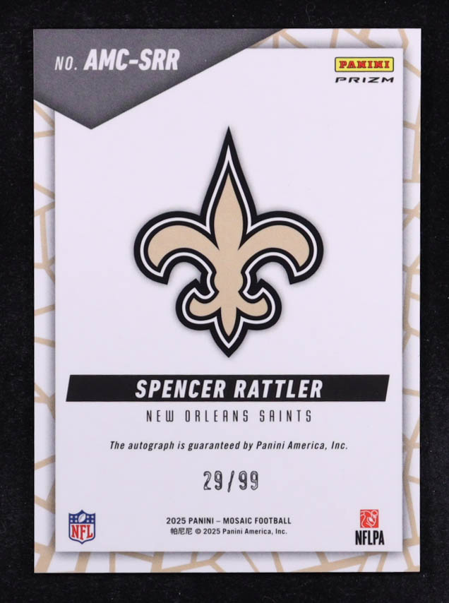 Spencer Rattler 2025 Panini Mosaic Autographs Mosaic Blue #14 #29/99 at PristineAuction.com Spencer Rattler 2025 Panini Mosaic Autographs Mosaic Blue #14 #29/99 at PristineAuction.com