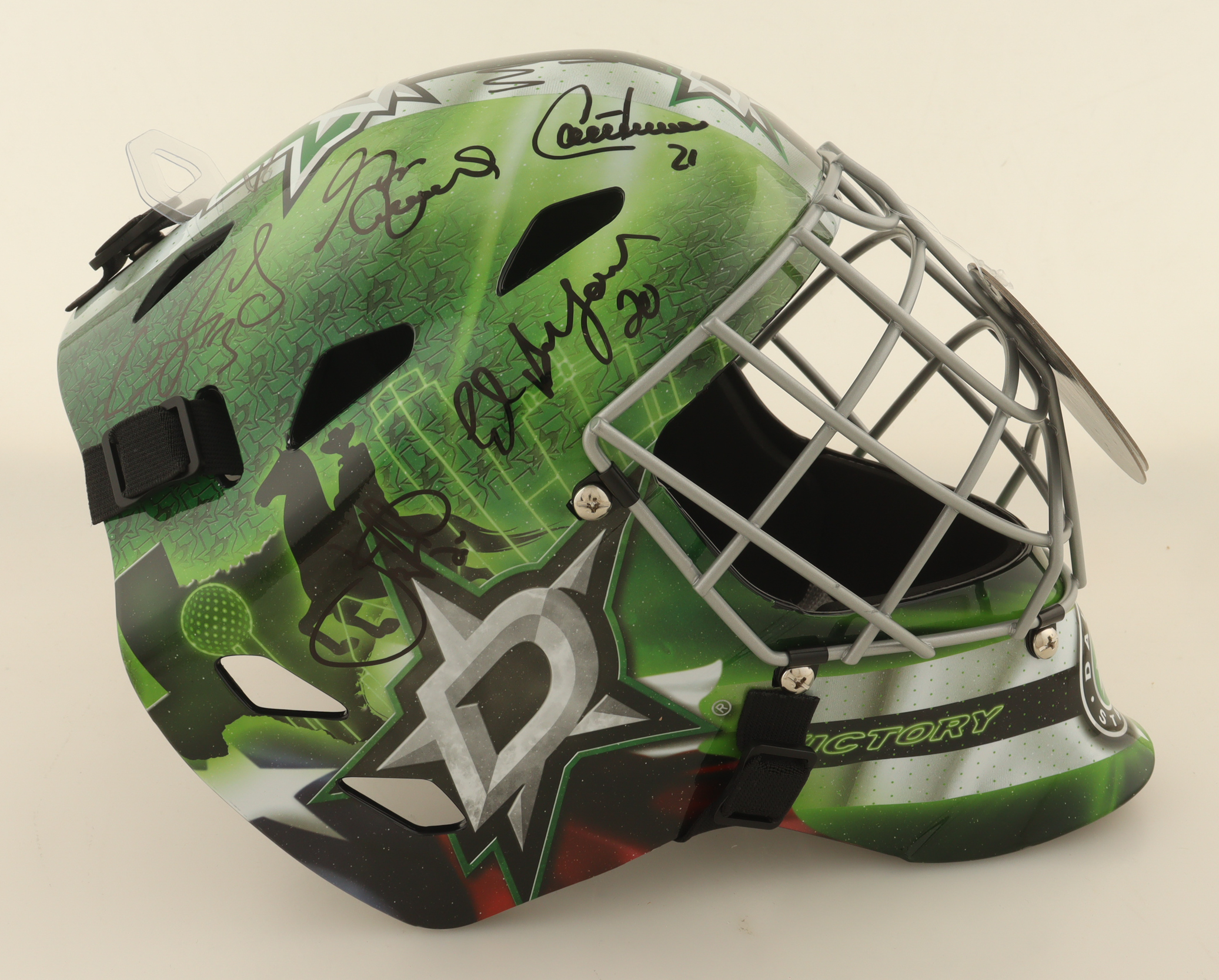 1999 Stanley Cup Champions Stars Goalie Mask Signed By (13) with Mike Modano, Brett Hull, Ed Belfour, Guy Carbonneau (Beckett) at PristineAuction.com 1999 Stanley Cup Champions Stars Goalie Mask Signed By (13) with Mike Modano, Brett Hull, Ed Belfour, Guy Carbonneau (Beckett) at PristineAuction.com