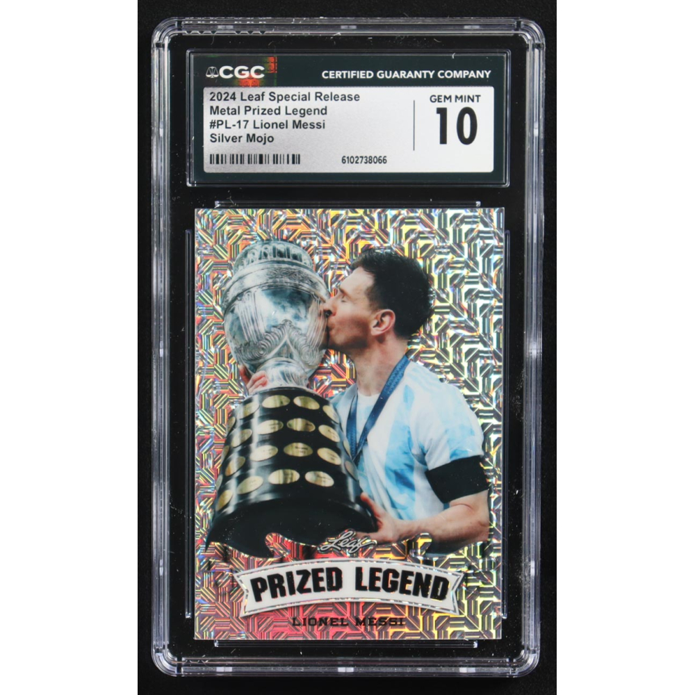 Lionel Messi 2024 Leaf Special Release Metal Prized Legend Silver Mojo #PL-17 #24/25 (CGC 10) at PristineAuction.com
