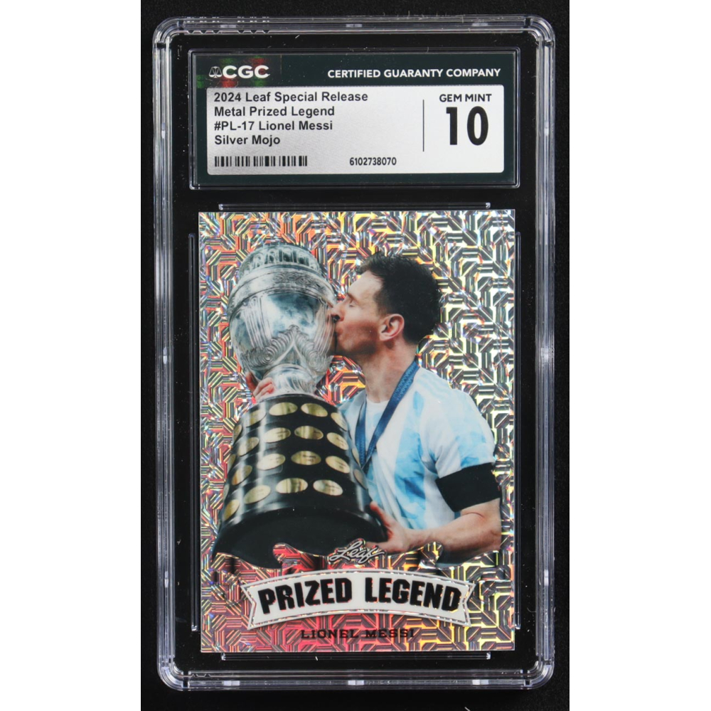 Lionel Messi 2024 Leaf Special Release Metal Prized Legend Silver Mojo #PL-17 #19/25 (CGC 10) at PristineAuction.com