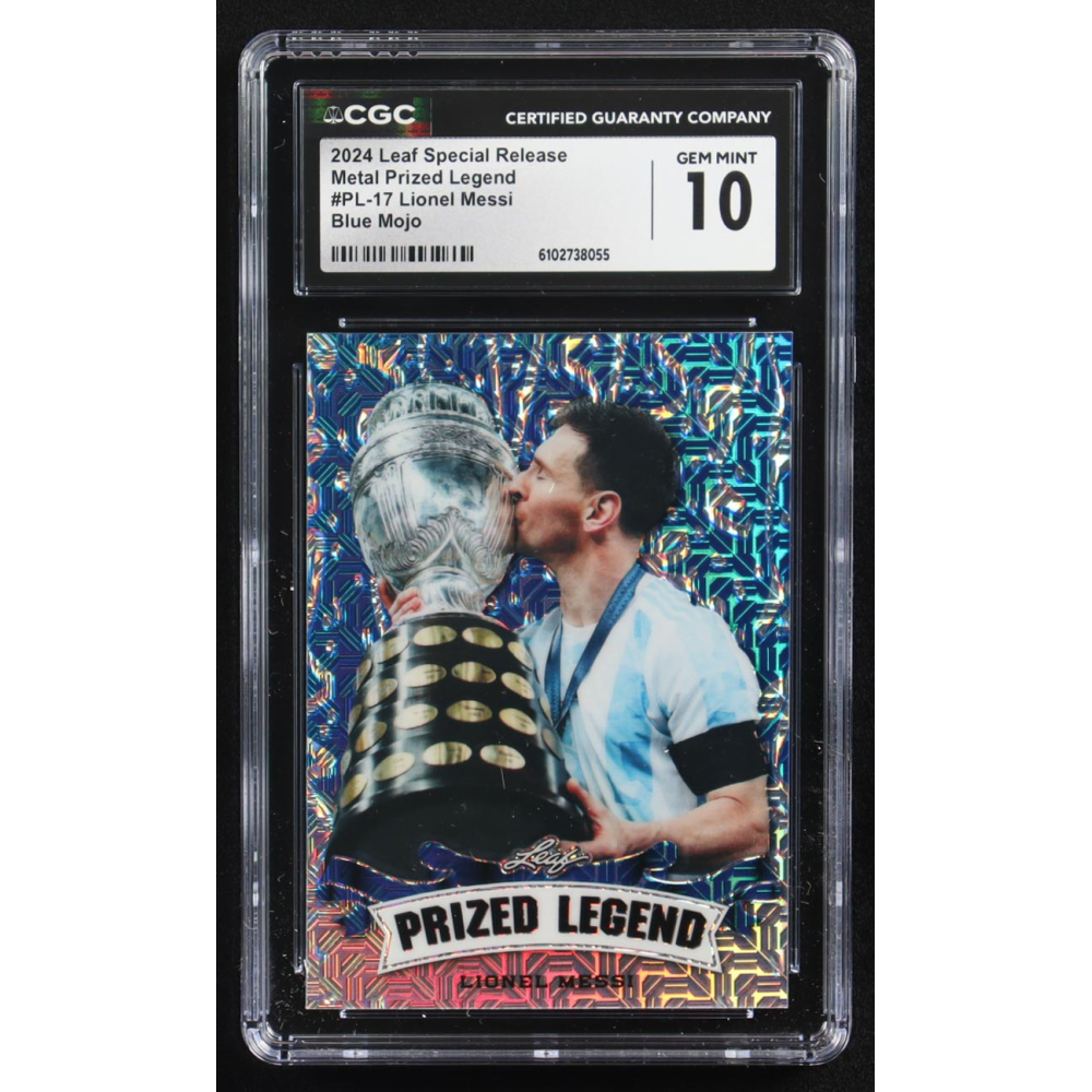 Lionel Messi 2024 Leaf Special Release Metal Prized Legend Blue Mojo #PL-17 #14/20 (CGC 10) at PristineAuction.com
