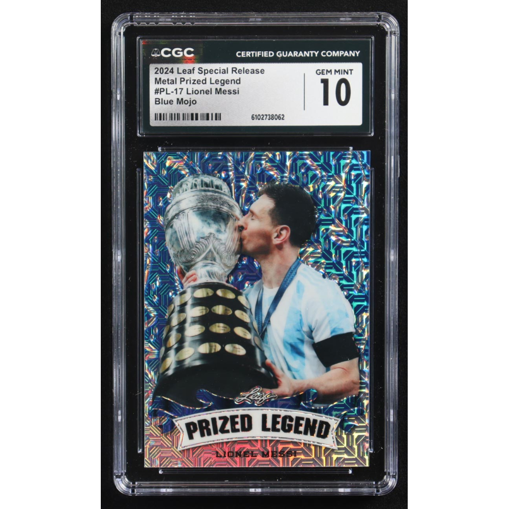 Lionel Messi 2024 Leaf Special Release Metal Prized Legend Blue Mojo #PL-17 #4/20 (CGC 10) at PristineAuction.com