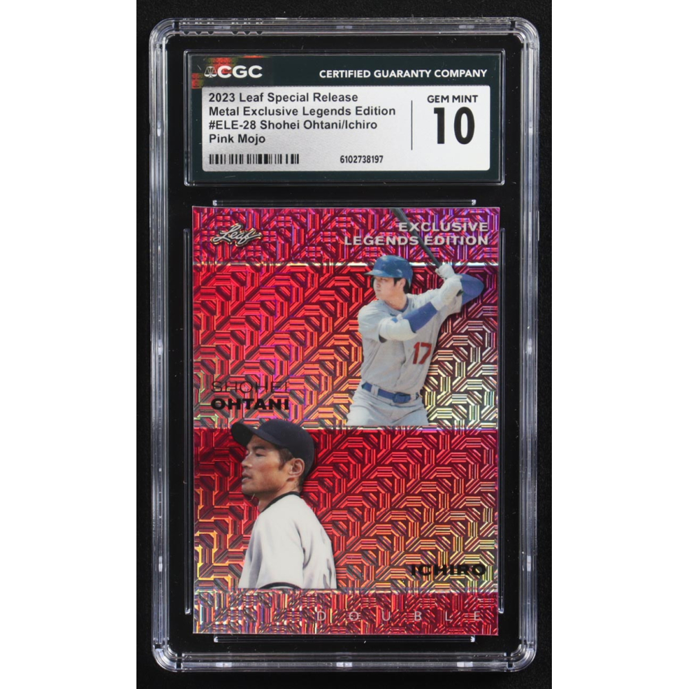 Shohei Ohtani / Ichiro Suzuki 2023 Leaf Metal Special Release Exclusive Legends Ed. Pink Mojo Double #ELE-28 #7/10 (CGC 10) at PristineAuction.com