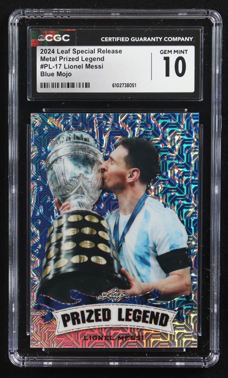 Lionel Messi 2024 Leaf Special Release Metal Prized Legend Blue Mojo #PL-17 #20/20 (CGC 10) at PristineAuction.com Lionel Messi 2024 Leaf Special Release Metal Prized Legend Blue Mojo #PL-17 #20/20 (CGC 10) at PristineAuction.com