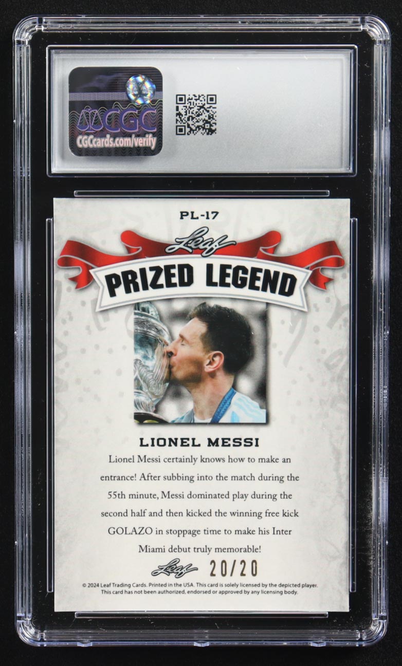 Lionel Messi 2024 Leaf Special Release Metal Prized Legend Blue Mojo #PL-17 #20/20 (CGC 10) at PristineAuction.com Lionel Messi 2024 Leaf Special Release Metal Prized Legend Blue Mojo #PL-17 #20/20 (CGC 10) at PristineAuction.com