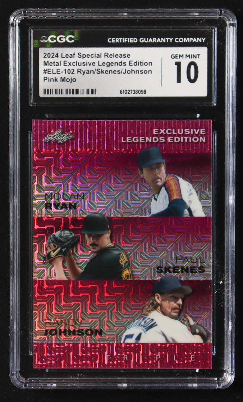 Nolan Ryan / Paul Skenes / Randy Johnson 2024 Leaf Metal Special Release Exclusive Legends Ed. Pink Mojo Triple #ELE-102 #6/10 (CGC 10) at PristineAuction.com Nolan Ryan / Paul Skenes / Randy Johnson 2024 Leaf Metal Special Release Exclusive Legends Ed. Pink Mojo Triple #ELE-102 #6/10 (CGC 10) at PristineAuction.com