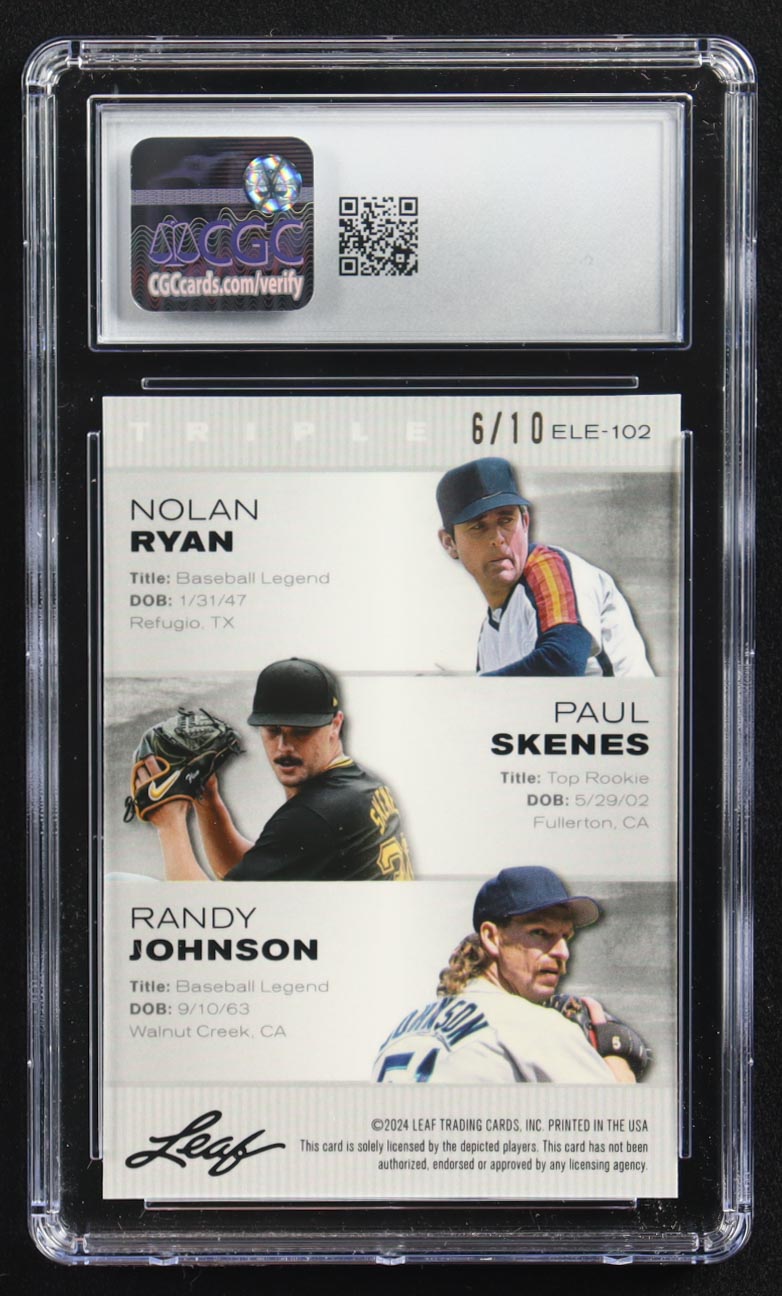 Nolan Ryan / Paul Skenes / Randy Johnson 2024 Leaf Metal Special Release Exclusive Legends Ed. Pink Mojo Triple #ELE-102 #6/10 (CGC 10) at PristineAuction.com Nolan Ryan / Paul Skenes / Randy Johnson 2024 Leaf Metal Special Release Exclusive Legends Ed. Pink Mojo Triple #ELE-102 #6/10 (CGC 10) at PristineAuction.com