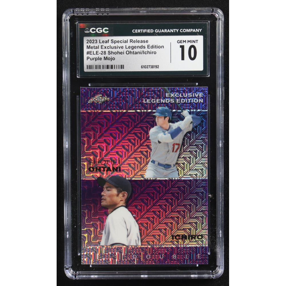 Shohei Ohtani / Ichiro Suzuki 2023 Leaf Metal Special Release Exclusive Legends Ed. Purple Mojo Double #ELE-28 #15/15 (CGC 10) at PristineAuction.com