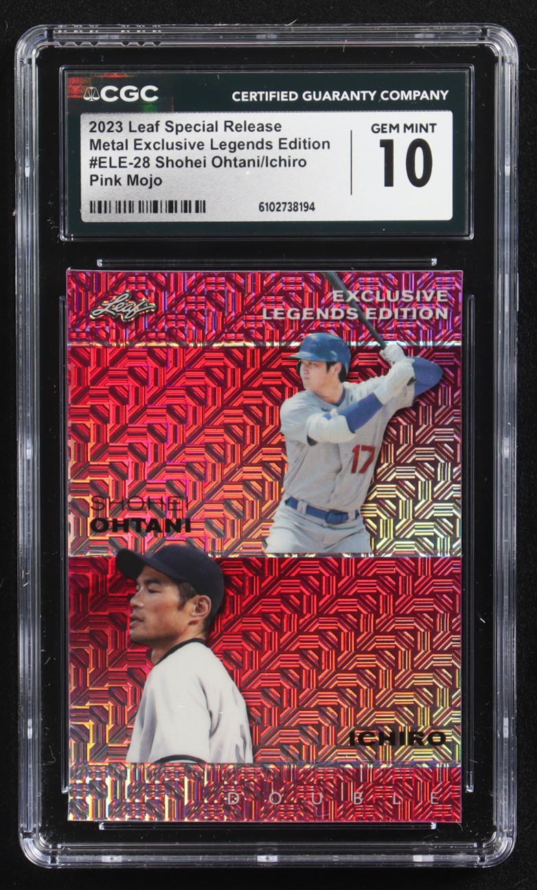 Shohei Ohtani / Ichiro Suzuki 2023 Leaf Metal Special Release Exclusive Legends Ed. Pink Mojo Double #ELE-28 #3/10 (CGC 10) at PristineAuction.com Shohei Ohtani / Ichiro Suzuki 2023 Leaf Metal Special Release Exclusive Legends Ed. Pink Mojo Double #ELE-28 #3/10 (CGC 10) at PristineAuction.com