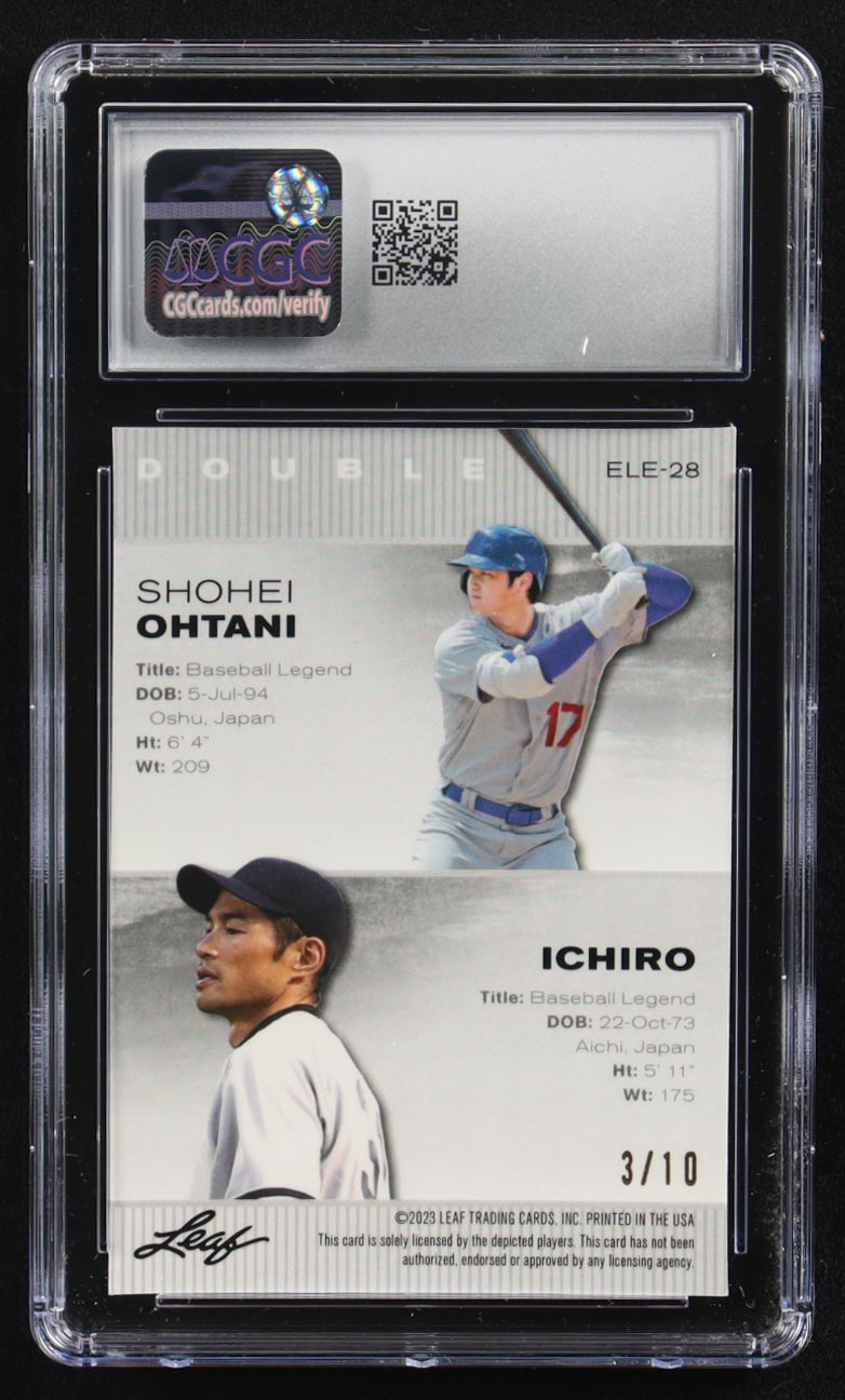 Shohei Ohtani / Ichiro Suzuki 2023 Leaf Metal Special Release Exclusive Legends Ed. Pink Mojo Double #ELE-28 #3/10 (CGC 10) at PristineAuction.com Shohei Ohtani / Ichiro Suzuki 2023 Leaf Metal Special Release Exclusive Legends Ed. Pink Mojo Double #ELE-28 #3/10 (CGC 10) at PristineAuction.com