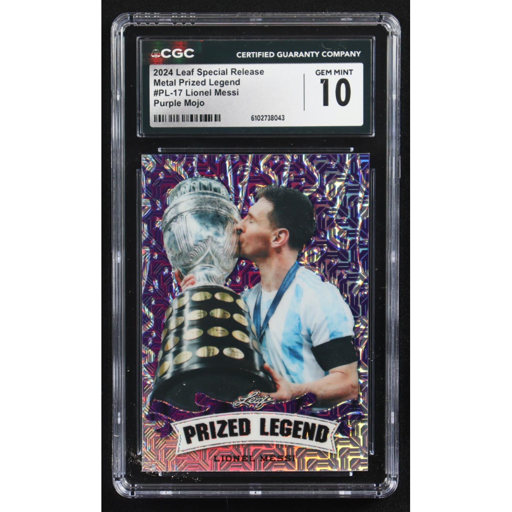 Lionel Messi 2024 Leaf Special Release Metal Prized Legend Purple Mojo #PL-17 #9/15 (CGC 10) at PristineAuction.com