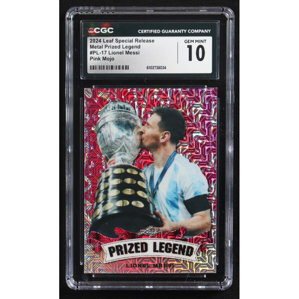 Lionel Messi 2024 Leaf Special Release Metal Prized Legend Pink Mojo #PL-17 #8/10 (CGC 10) at PristineAuction.com