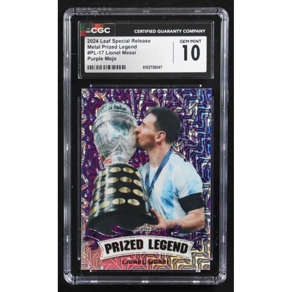 Lionel Messi 2024 Leaf Special Release Metal Prized Legend Purple Mojo #PL-17 #5/15 (CGC 10) at PristineAuction.com