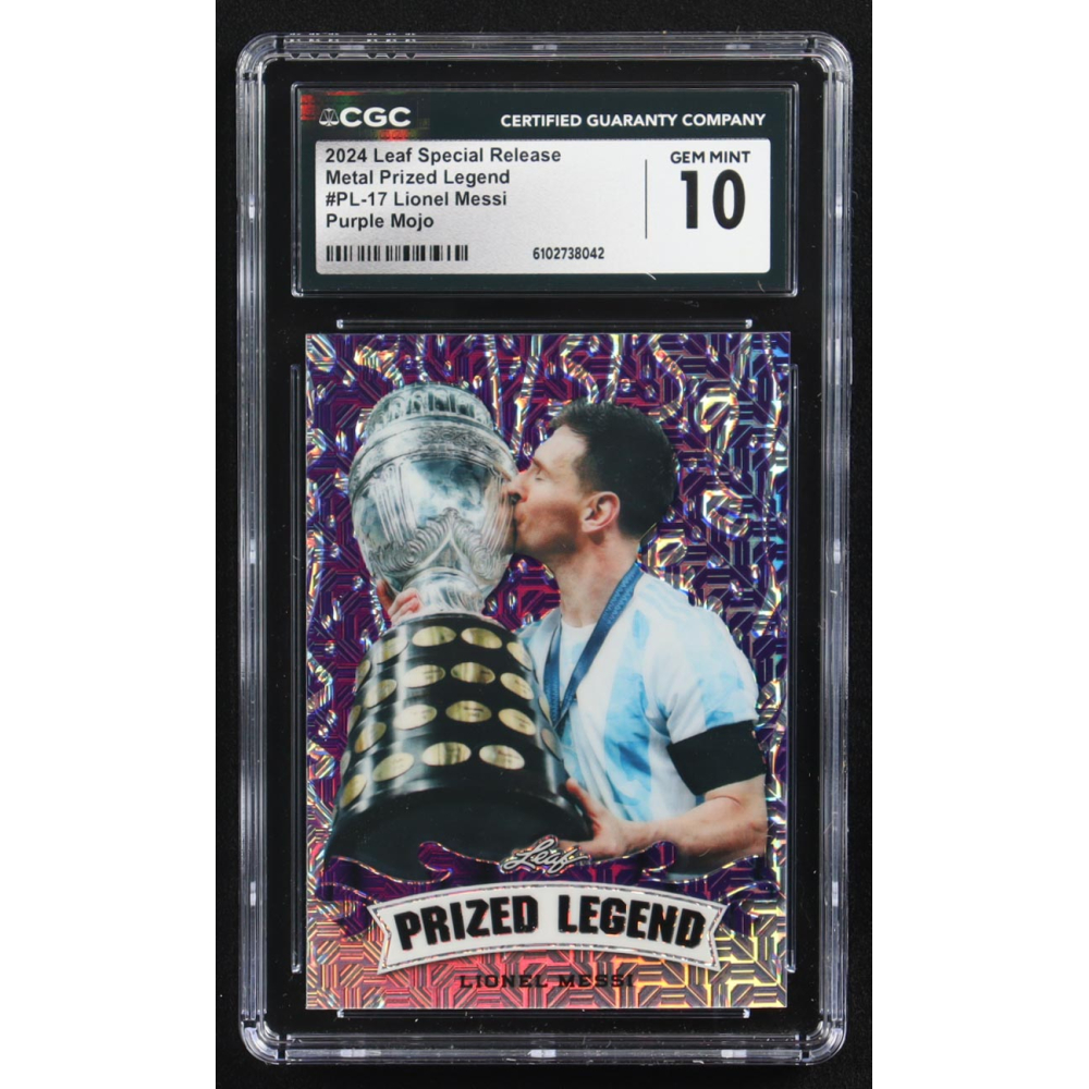 Lionel Messi 2024 Leaf Special Release Metal Prized Legend Purple Mojo #PL-17 #10/15 (CGC 10) at PristineAuction.com