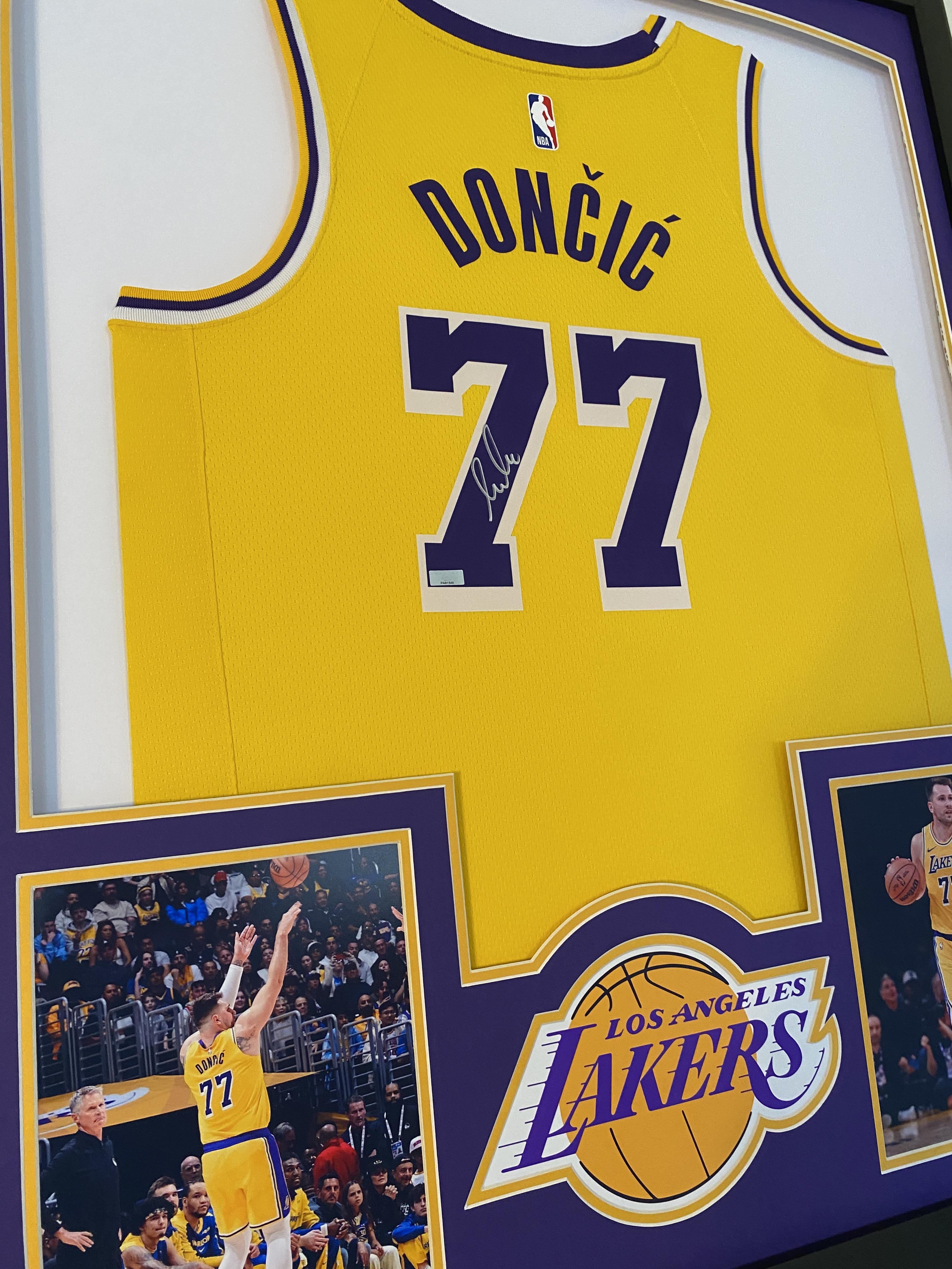 Luka Doncic Signed Lakers Custom Framed Nike Swingman Jersey Display with LED Lights (Panini) at PristineAuction.com Luka Doncic Signed Lakers Custom Framed Nike Swingman Jersey Display with LED Lights (Panini) at PristineAuction.com