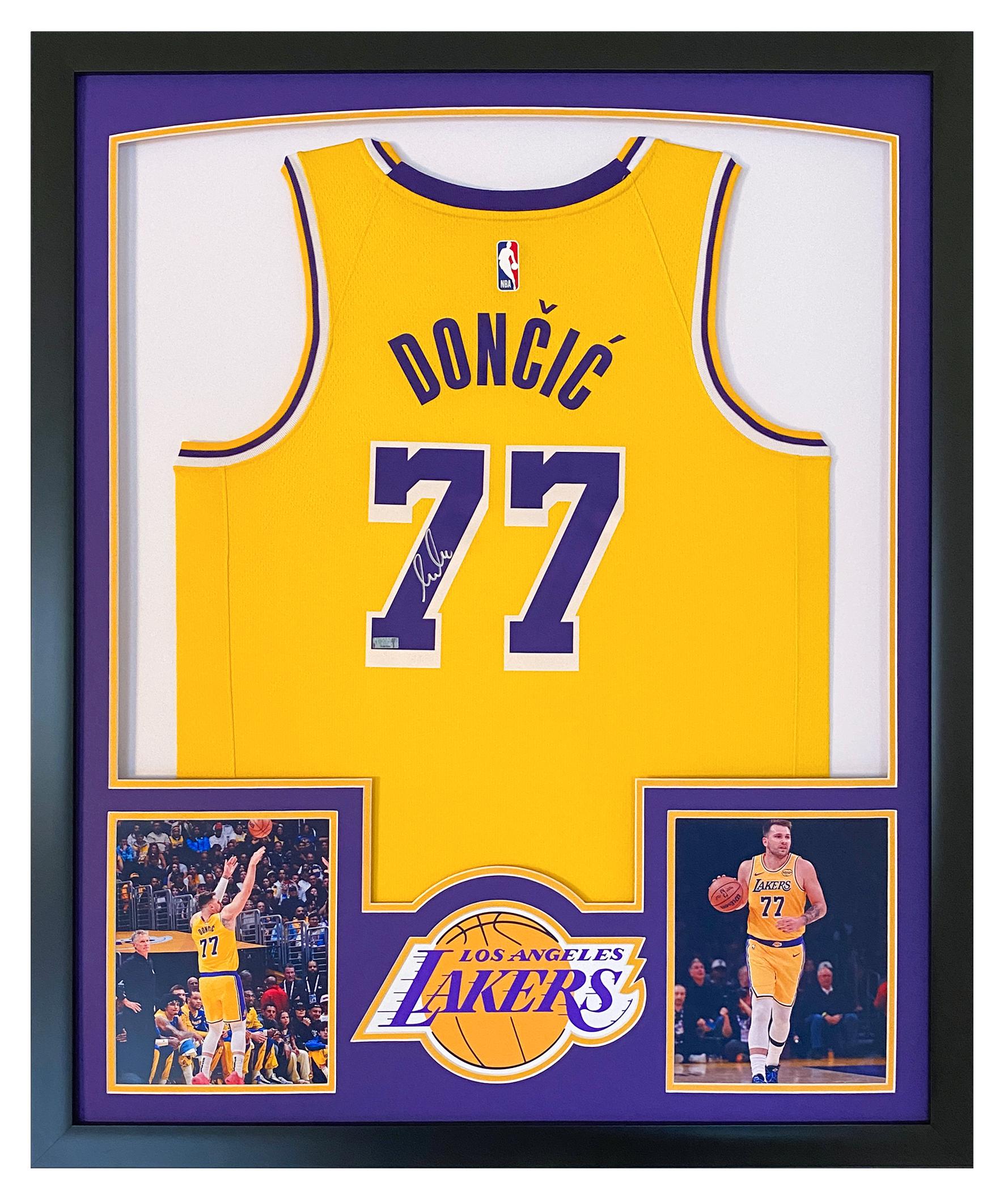 Luka Doncic Signed Lakers Custom Framed Nike Swingman Jersey Display with LED Lights (Panini) at PristineAuction.com Luka Doncic Signed Lakers Custom Framed Nike Swingman Jersey Display with LED Lights (Panini) at PristineAuction.com