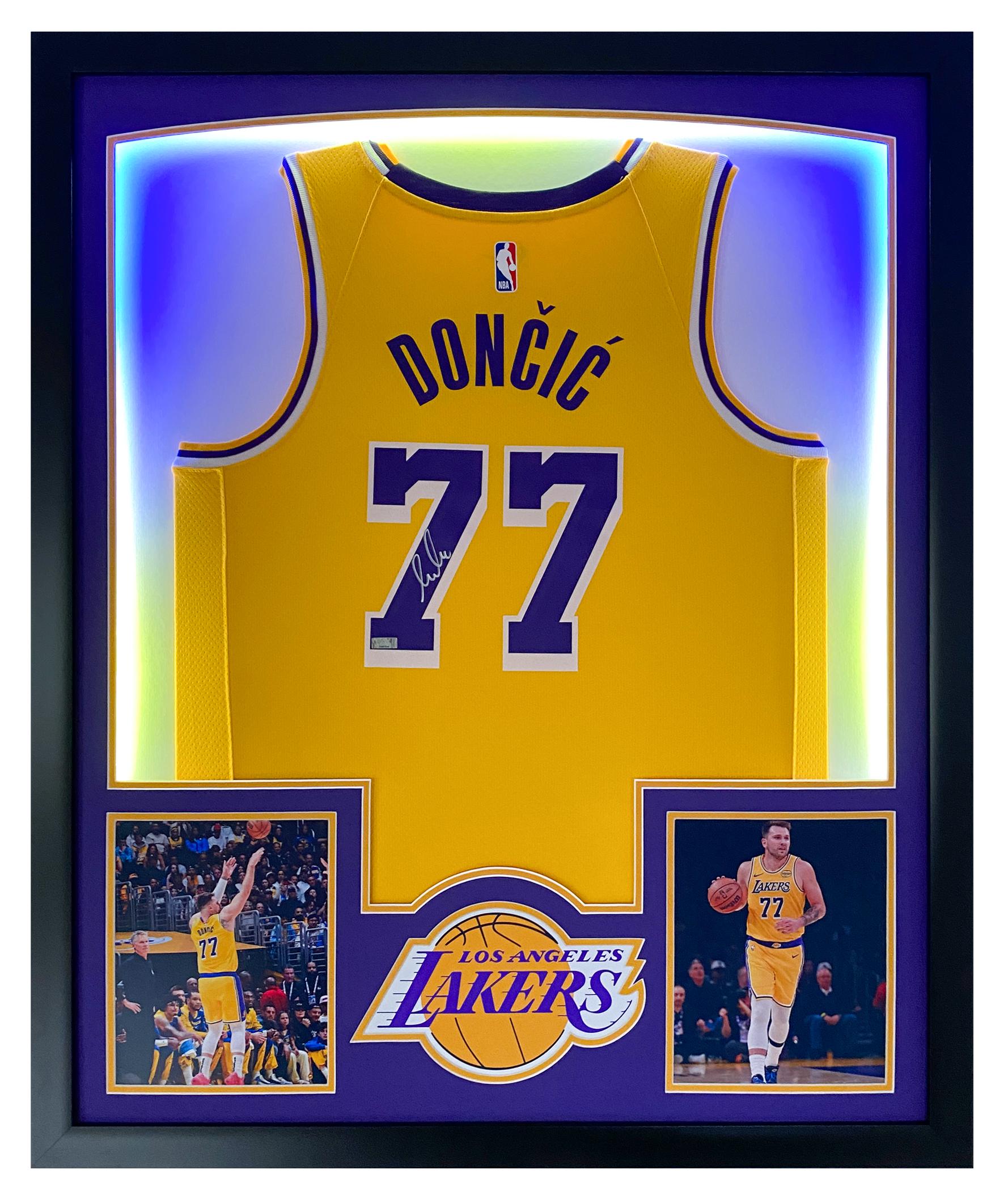 Luka Doncic Signed Lakers Custom Framed Nike Swingman Jersey Display with LED Lights (Panini) at PristineAuction.com Luka Doncic Signed Lakers Custom Framed Nike Swingman Jersey Display with LED Lights (Panini) at PristineAuction.com