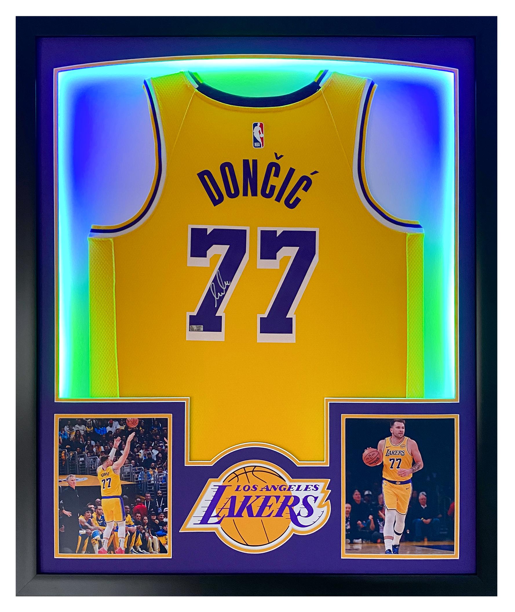 Luka Doncic Signed Lakers Custom Framed Nike Swingman Jersey Display with LED Lights (Panini) at PristineAuction.com Luka Doncic Signed Lakers Custom Framed Nike Swingman Jersey Display with LED Lights (Panini) at PristineAuction.com