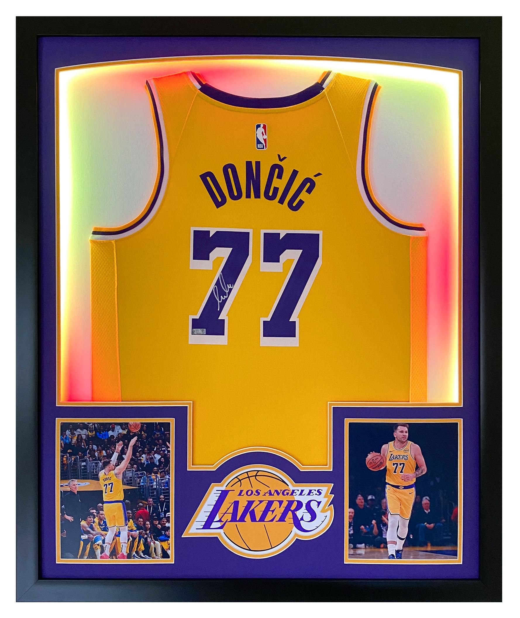 Luka Doncic Signed Lakers Custom Framed Nike Swingman Jersey Display with LED Lights (Panini) at PristineAuction.com Luka Doncic Signed Lakers Custom Framed Nike Swingman Jersey Display with LED Lights (Panini) at PristineAuction.com