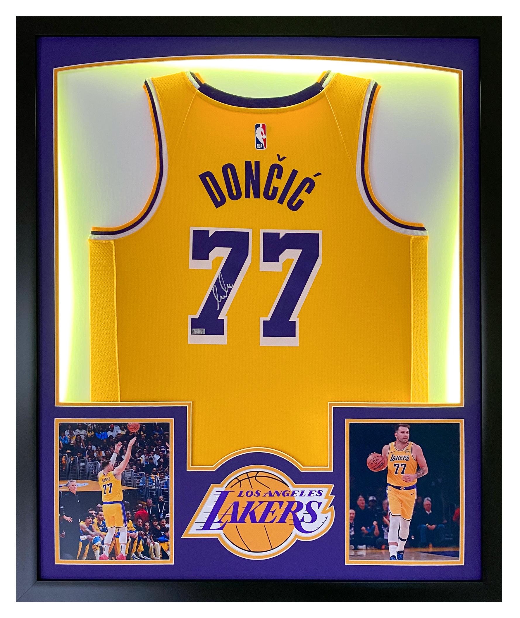 Luka Doncic Signed Lakers Custom Framed Nike Swingman Jersey Display with LED Lights (Panini) at PristineAuction.com Luka Doncic Signed Lakers Custom Framed Nike Swingman Jersey Display with LED Lights (Panini) at PristineAuction.com