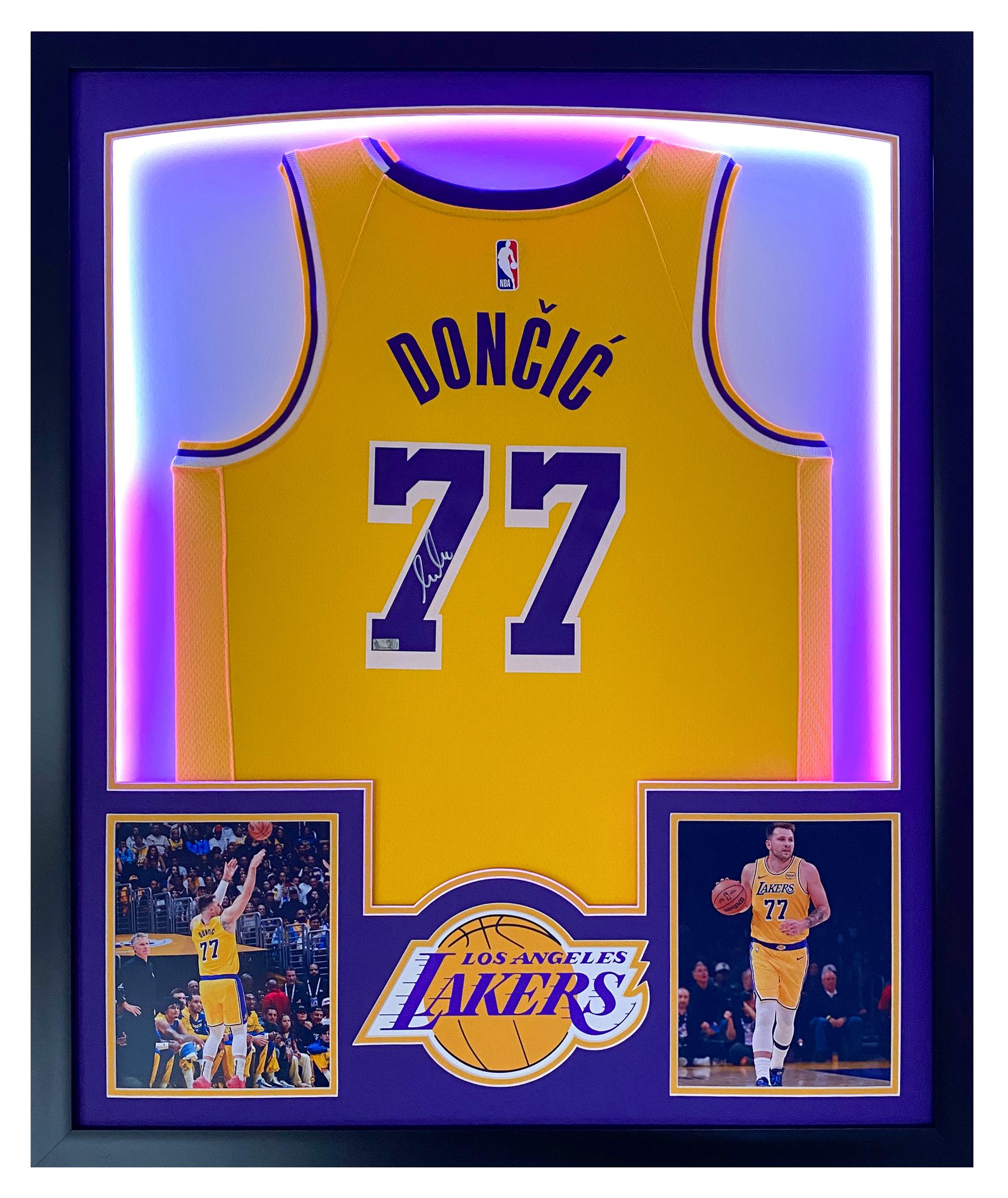 Luka Doncic Signed Lakers Custom Framed Nike Swingman Jersey Display with LED Lights (Panini) at PristineAuction.com Luka Doncic Signed Lakers Custom Framed Nike Swingman Jersey Display with LED Lights (Panini) at PristineAuction.com