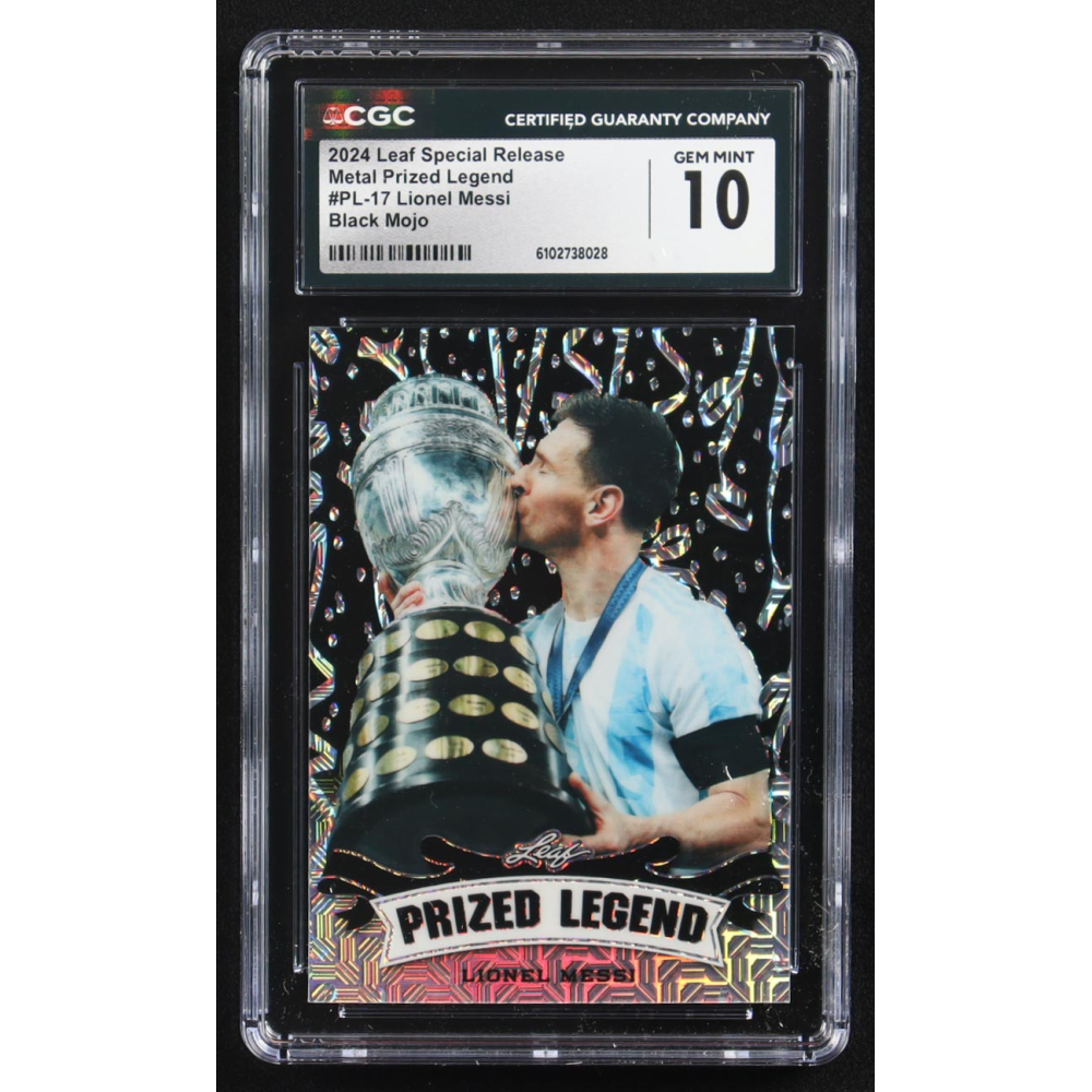 Lionel Messi 2024 Leaf Special Release Metal Prized Legend Black Mojo #PL-17 #4/7 (CGC 10) at PristineAuction.com
