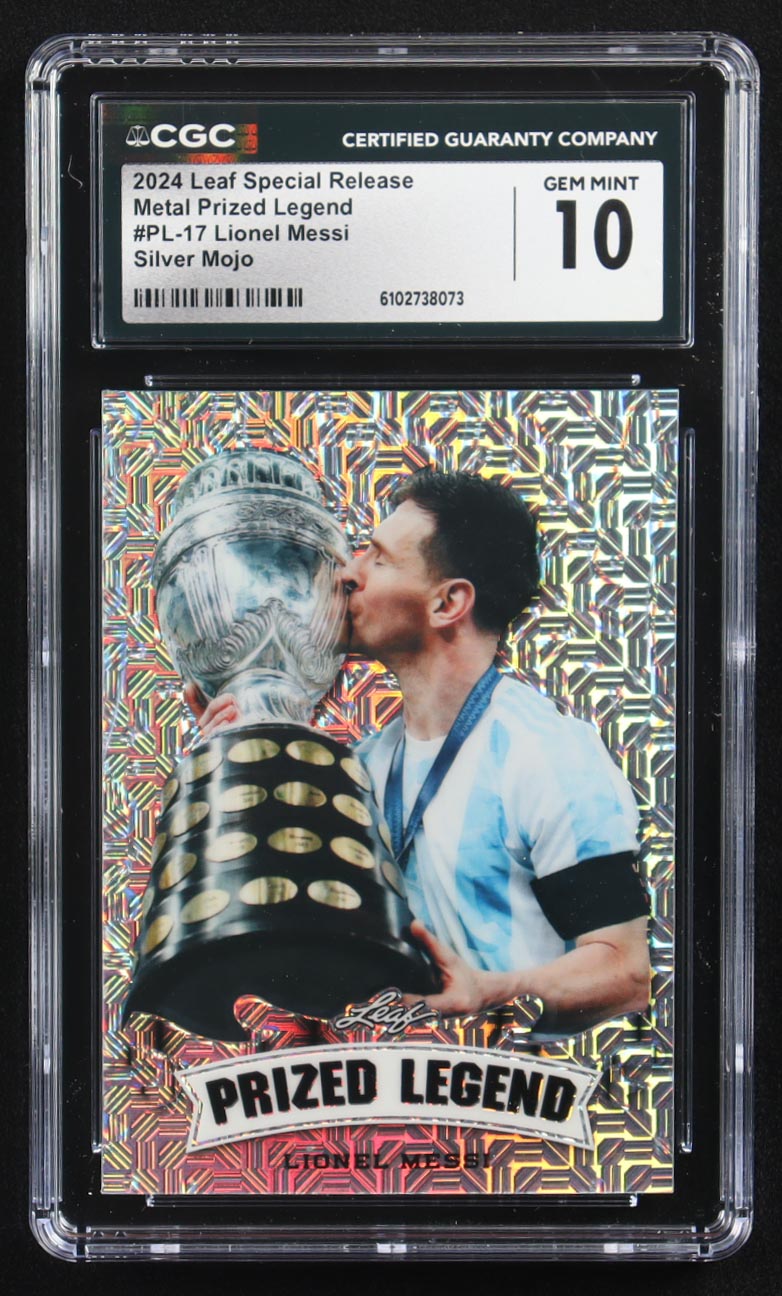 Lionel Messi 2024 Leaf Special Release Metal Prized Legend Silver Mojo #PL-17 #16/25 (CGC 10) at PristineAuction.com Lionel Messi 2024 Leaf Special Release Metal Prized Legend Silver Mojo #PL-17 #16/25 (CGC 10) at PristineAuction.com