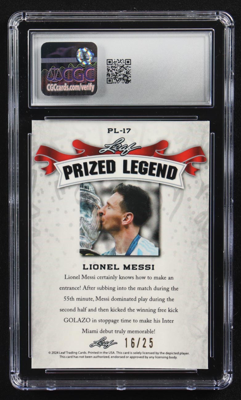 Lionel Messi 2024 Leaf Special Release Metal Prized Legend Silver Mojo #PL-17 #16/25 (CGC 10) at PristineAuction.com Lionel Messi 2024 Leaf Special Release Metal Prized Legend Silver Mojo #PL-17 #16/25 (CGC 10) at PristineAuction.com