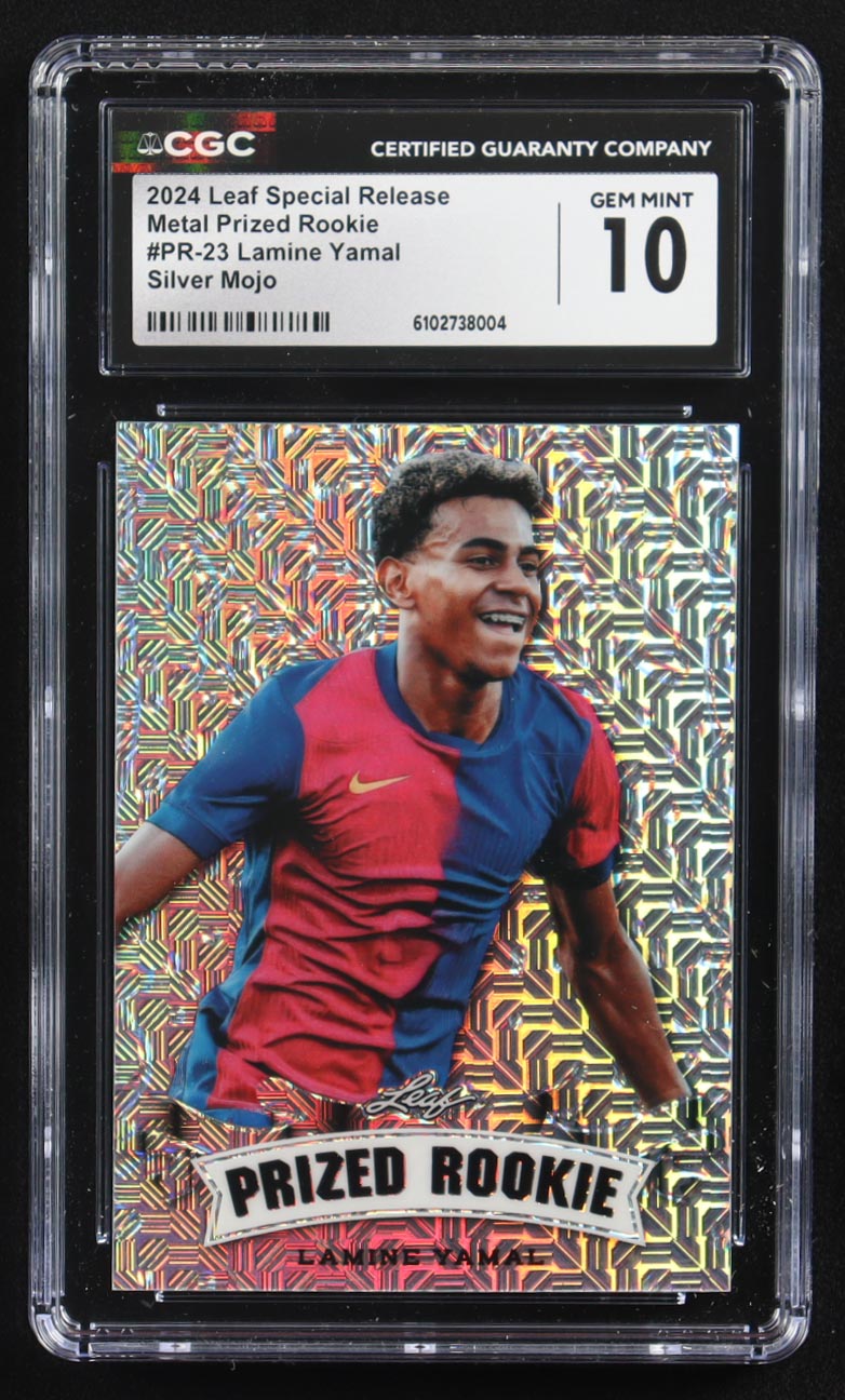 Lamine Yamal 2024 Leaf Special Release Metal Prized Rookie Silver Mojo #PR-23 RC #24/25 (CGC 10) at PristineAuction.com Lamine Yamal 2024 Leaf Special Release Metal Prized Rookie Silver Mojo #PR-23 RC #24/25 (CGC 10) at PristineAuction.com