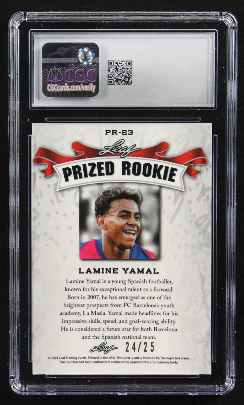 Lamine Yamal 2024 Leaf Special Release Metal Prized Rookie Silver Mojo #PR-23 RC #24/25 (CGC 10) at PristineAuction.com Lamine Yamal 2024 Leaf Special Release Metal Prized Rookie Silver Mojo #PR-23 RC #24/25 (CGC 10) at PristineAuction.com