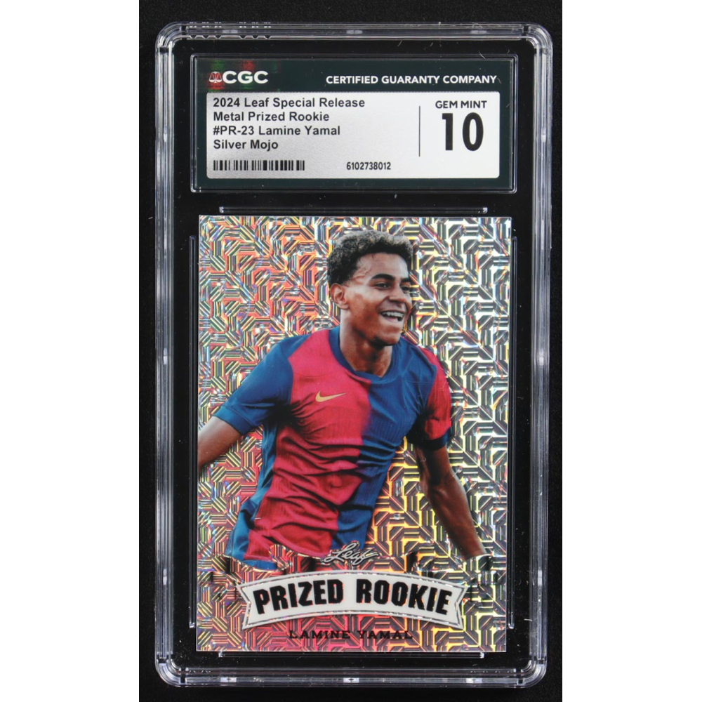 Lamine Yamal 2024 Leaf Special Release Metal Prized Rookie Silver Mojo #PR-23 RC #17/25 (CGC 10) at PristineAuction.com