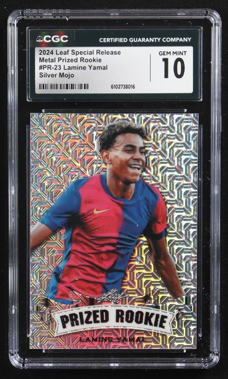 Lamine Yamal 2024 Leaf Special Release Metal Prized Rookie Silver Mojo #PR-23 RC #9/25 (CGC 10) at PristineAuction.com Lamine Yamal 2024 Leaf Special Release Metal Prized Rookie Silver Mojo #PR-23 RC #9/25 (CGC 10) at PristineAuction.com