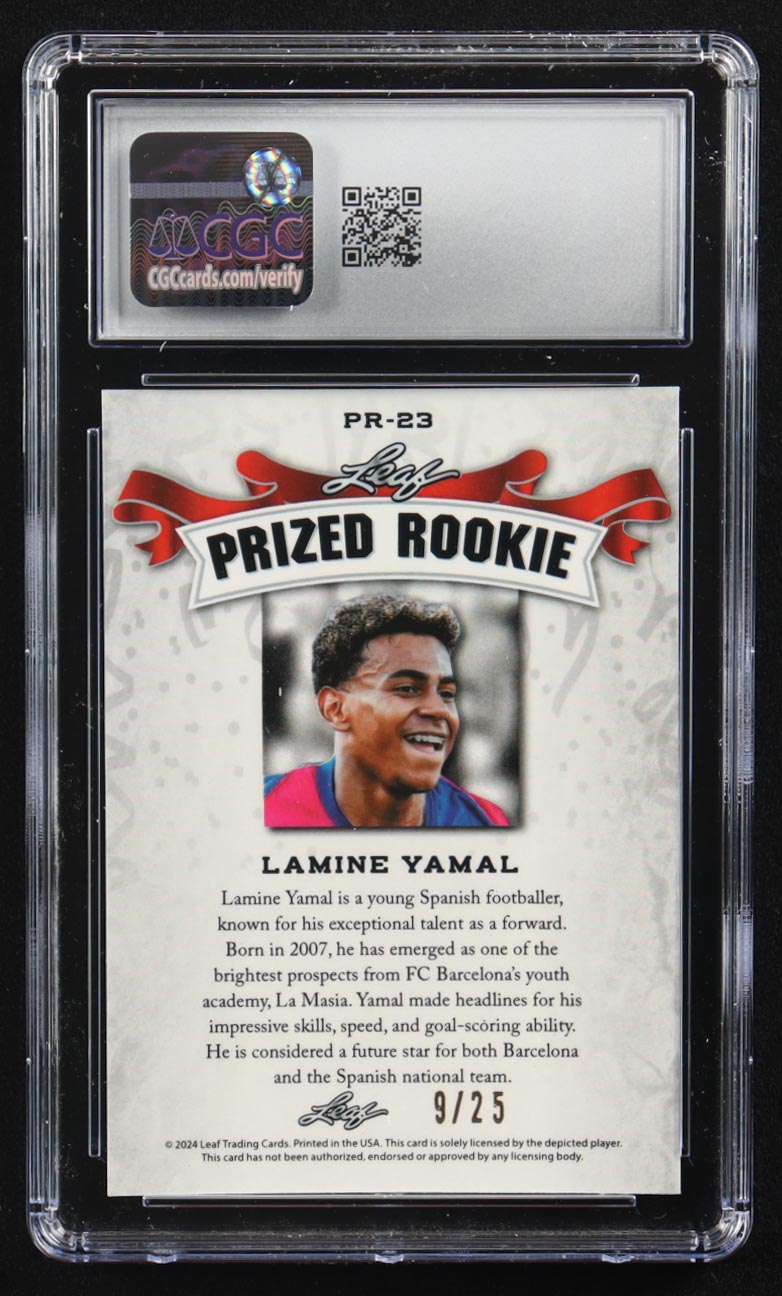 Lamine Yamal 2024 Leaf Special Release Metal Prized Rookie Silver Mojo #PR-23 RC #9/25 (CGC 10) at PristineAuction.com Lamine Yamal 2024 Leaf Special Release Metal Prized Rookie Silver Mojo #PR-23 RC #9/25 (CGC 10) at PristineAuction.com