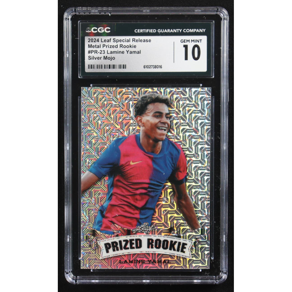 Lamine Yamal 2024 Leaf Special Release Metal Prized Rookie Silver Mojo #PR-23 RC #9/25 (CGC 10) at PristineAuction.com
