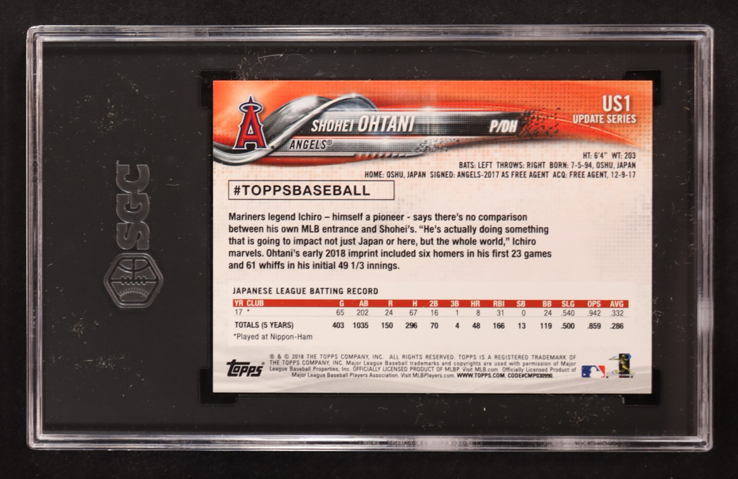 Shohei Ohtani 2018 Topps Update #US1 RC (SGC 9) at PristineAuction.com Shohei Ohtani 2018 Topps Update #US1 RC (SGC 9) at PristineAuction.com